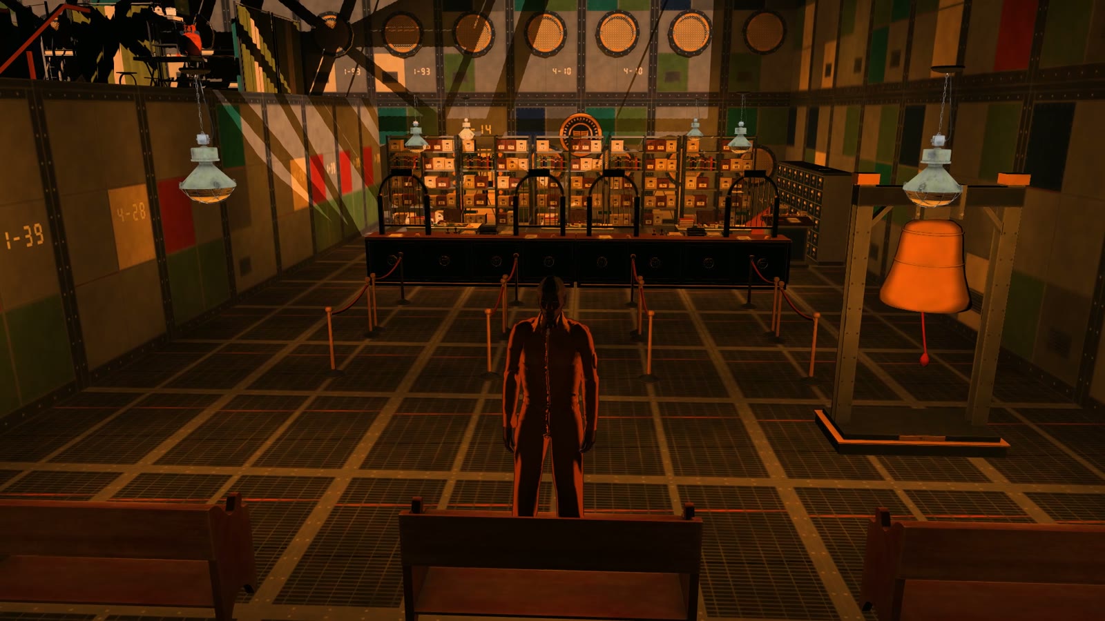 Warm work lamps illuminate the Exchange's filing cabinets, Registrar counters and floor bell
